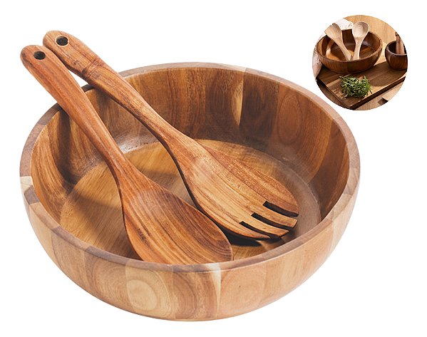 Tigela Saladeira Wood  Madeira Acácia Com Garfo E Colher  Mimo Style