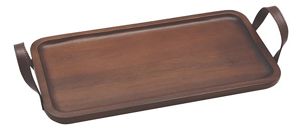 Bandeja Retangular Madeira Acácia Alça Couro Servir Decorar 35x20cm
