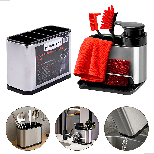 Kit Escorredor De Talheres Porta Detergente Organizador Inox