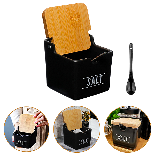 Saleiro Em Porcelana E Bambu Manhattan Preto 270ml Hauskraft