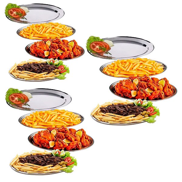 Kit 12 Travessas Oval Inox Rasa 22cm Bandejas Porções, Bar E Restaurante