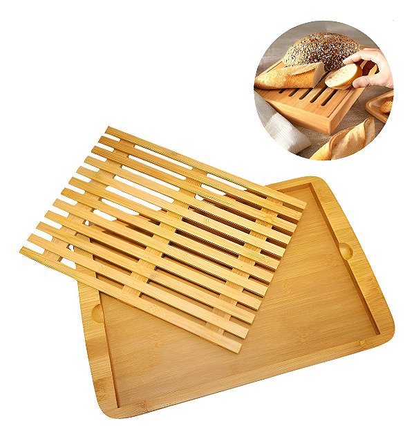Tábua Migalheira Bambu 4 Em 1 36x24cm Pães E Bolos Cozinha Lisa Bambu Natural