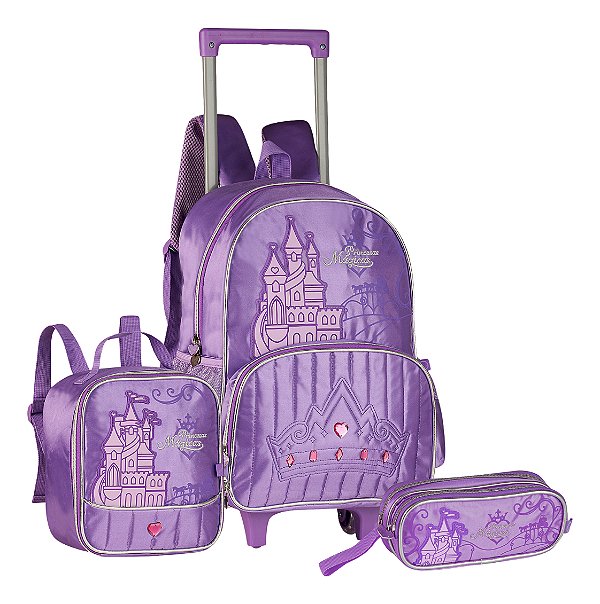 Kit Mochila Escolar Princesas Lancheira Estojo Com Luzes Rodinha Original