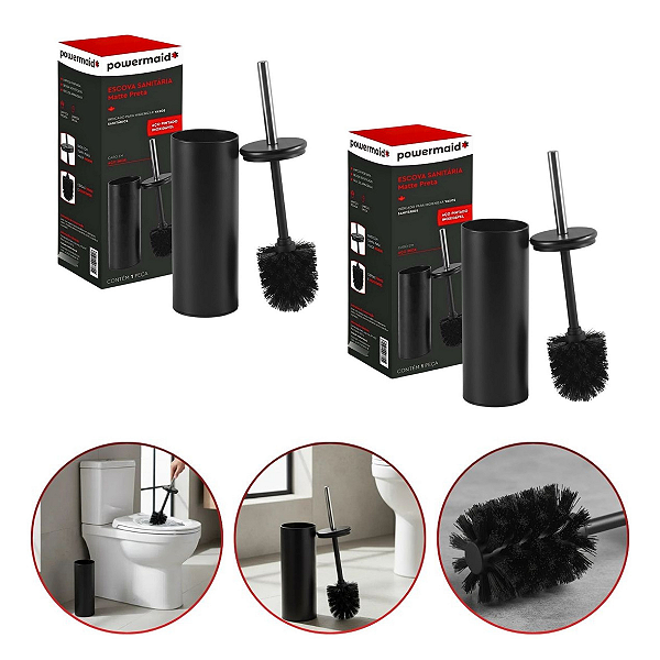 Kit 2 Escovas Sanitária Powermaid Mate Com Cabo Inox E Base Preto