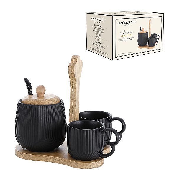 Jogo De Xícaras Oasis Preto 4 Peças Com Suporte Hauskraft