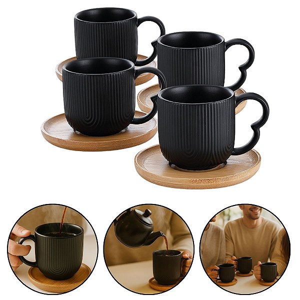 Kit 4 Xícaras Café Porcelana 90ml Com Pires Bambu  Açucareiro Oásis Hauskraft Preto