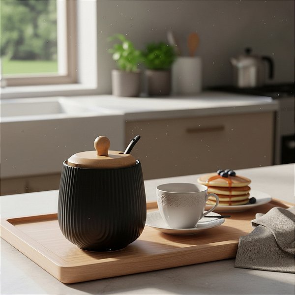 Açucareiro Cerâmica Oásis Black Com Colher Tampa Bambu 360ml Hauskraft