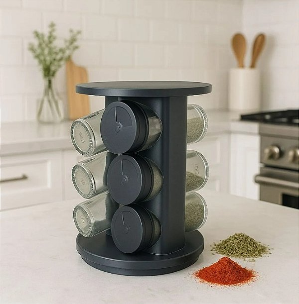 Porta Temperos E Condimentos Giratório 6 Peças Vidro Preto Redondo