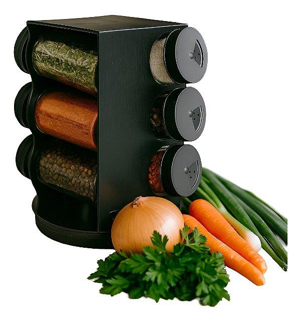 Porta Condimentos Temperos Giratório Preto 6 Potes Tampa Rosca Quadrado