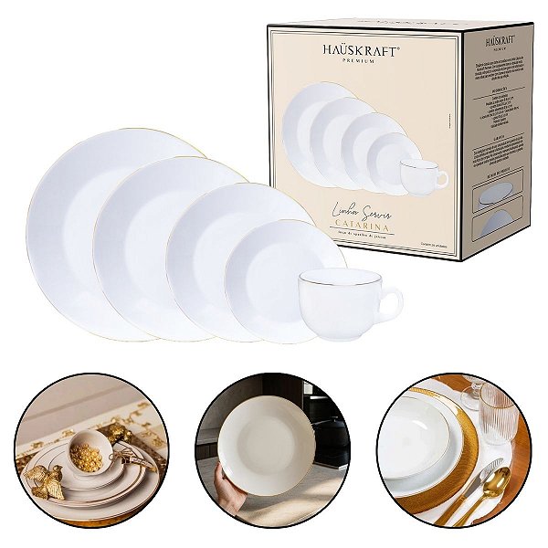 Aparelho De Jantar Branco Com Borda Dourada Hauskraft