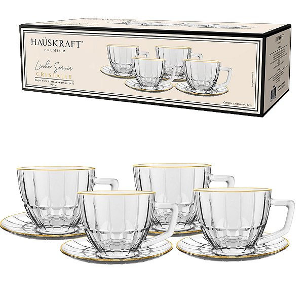 Jogo 4 Xícaras Café 90ml Borda Dourada Cristalle Hauskraft
