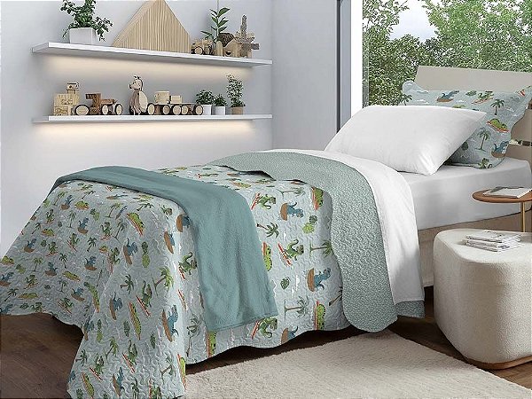 Colcha Infantil Solteiro Camesa Evolution Patchwork Dupla Face 2 Peças Cobre Leito 160x240 Microfibra Macia