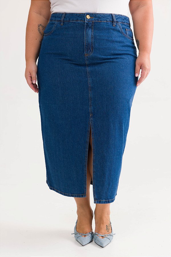Saia Jeans Midi Plus Size Azul Escura