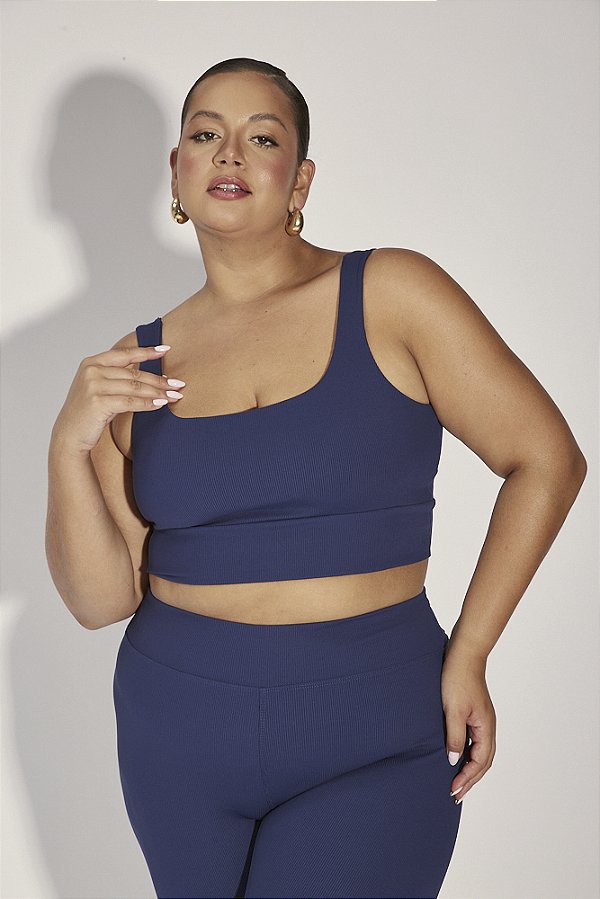 Top Fitness Plus Size Canelado Marinho