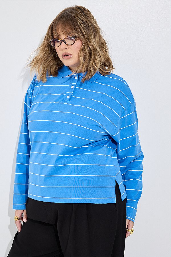 Blusa Polo Manga Longa Listrada Azul