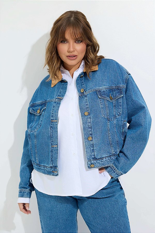 Jaqueta Jeans Plus Size Carolina Com Gola De Veludo