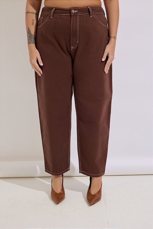 Calça Jeans Baggy Plus Size Chocolate Com Regulagem