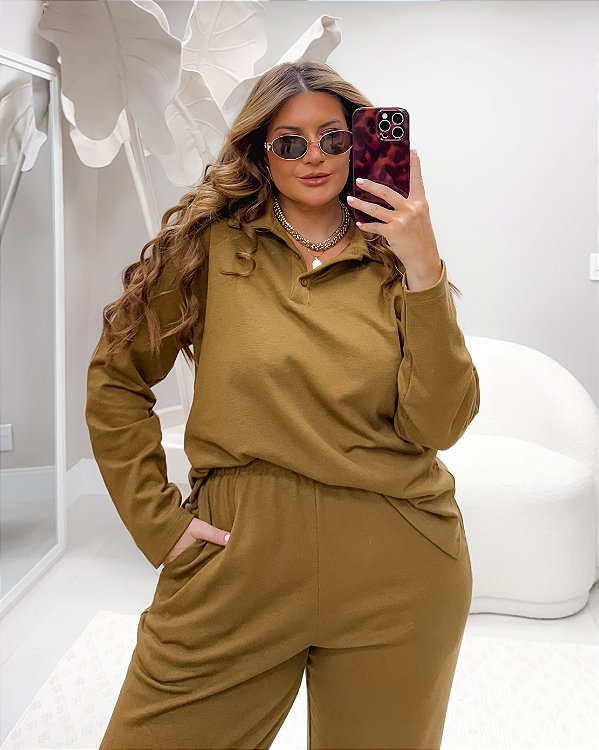 Blusa Polo Manga Longa Fashion Tricot Amêndoa