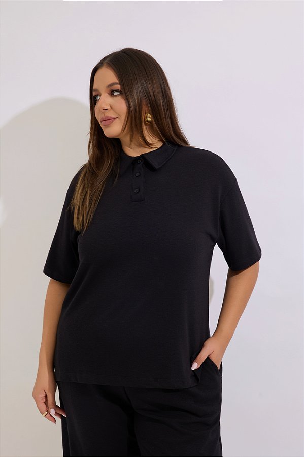 Blusa Polo Manga Curta Fashion Tricot Preta