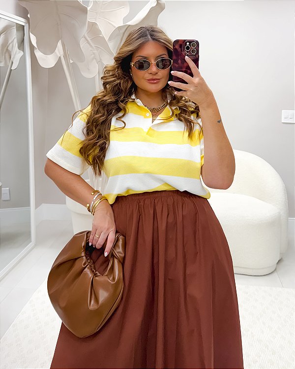 Blusa Polo Manga Curta Listrada Maxi Amarela