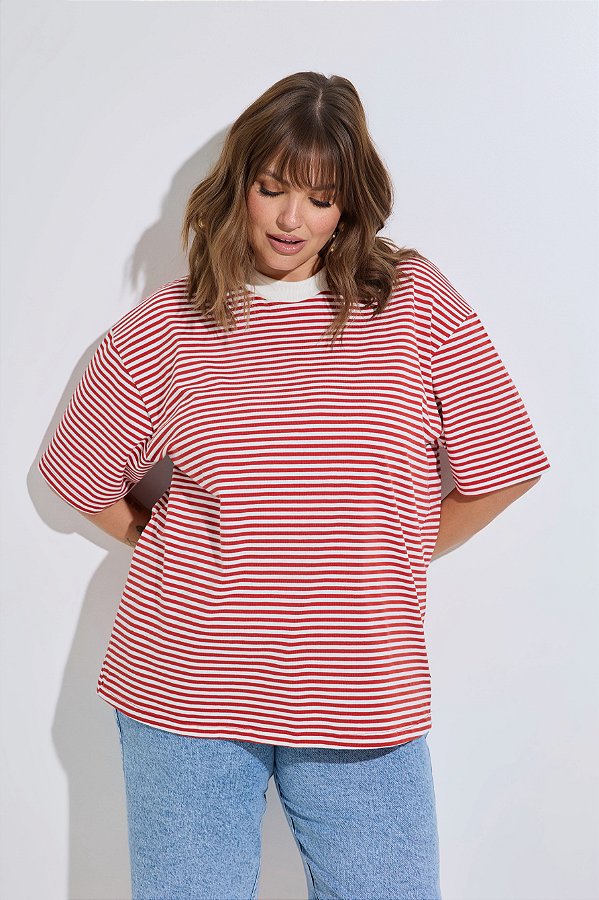 Camiseta Basic Listrada Vermelha e Off White