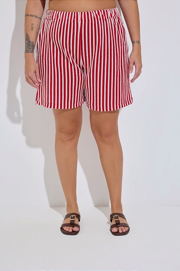 Shorts Tricot Listrado Vermelho
