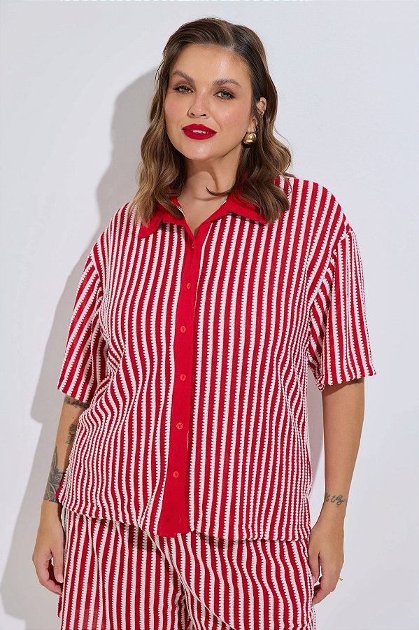 Blusa Polo Tricot Listrado Vermelho