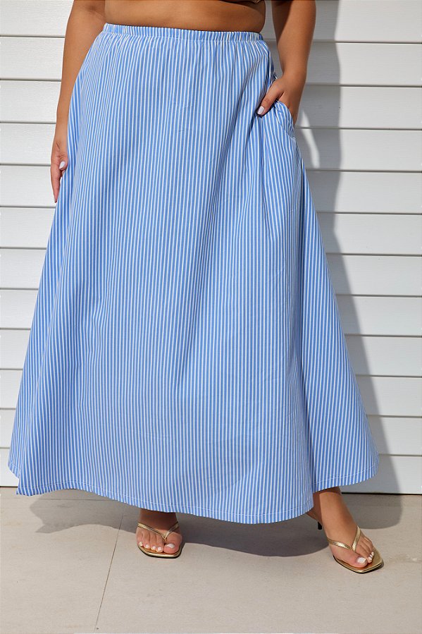 Saia Alfaiataria Fabíola Listrada Azul e Off