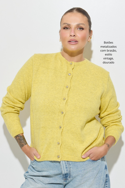 Cardigan Tricot Amarelo Mescla Com Botões Dourados