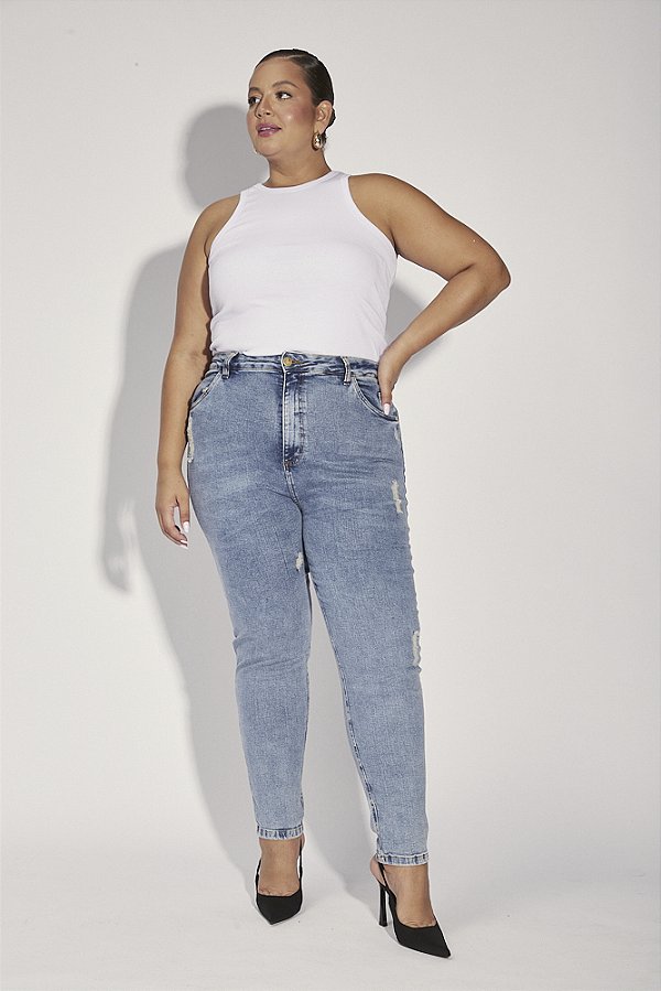 Calça Cigarrete Jeans Destroyed Plus Size Tiane