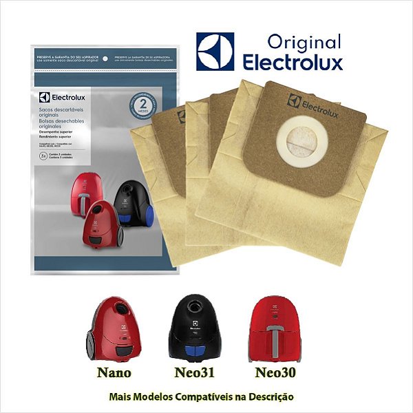 Kit Com 3 Sacos Descartáveis Para Aspirador De Pó NANO NEO30 e NEO31 Electrolux Original SBENA DT30CCBR001P