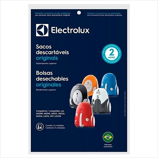 Kit 3 Sacos Descartáveis Para Aspirador Pó Neo Listo Electrolux Original DT30APBR001 A09791201 A20810901 SBENE