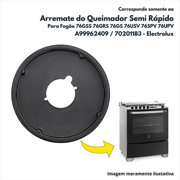 Arremate do Queimador Semi Rapido Com Vedação Para Fogão 76GSS 76GRS 76GS 76USV 76SPV 76UPV Electrolux Original  A99962409 70201183