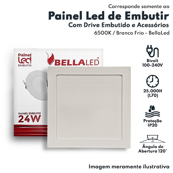 Painel de Led Quadrado Embutir 24w Branco Frio 6500K Bivolt Slim BellaLed 00167 BELLA-1241 Luminaria Led Para Teto e Par