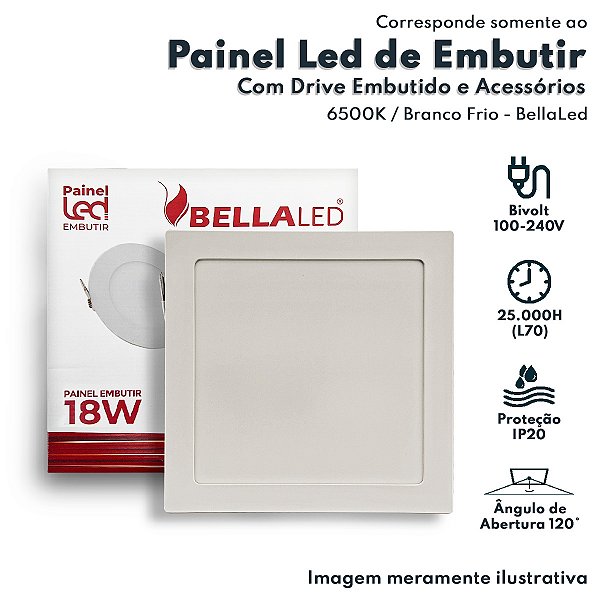 Painel de Led Quadrado Embutir 18w Branco Frio 6500K Bivolt Slim BellaLed 00350 BELLA-1238 Luminaria Led Para Teto e Par