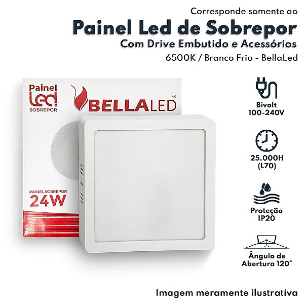 Painel de Led Quadrado Sobrepor 24w Branco Frio 6500K Bivolt Slim BellaLed 00492 BELLA-1271 Luminaria Led Para Teto e Pa