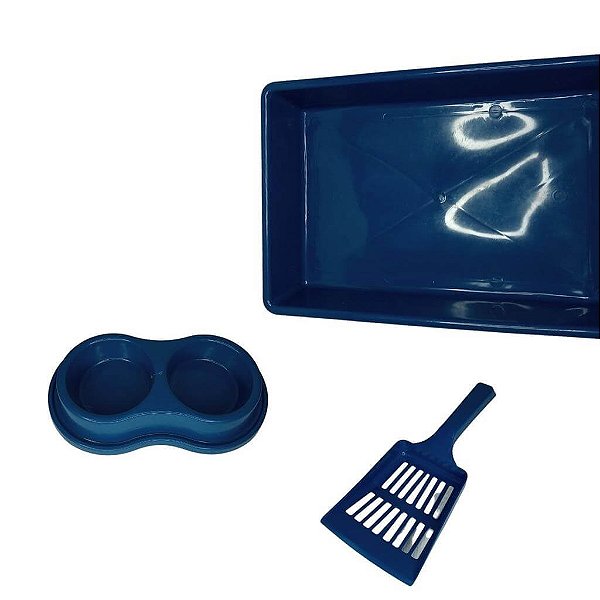 Kit Higiênico Para Gatos Caixa de Areia, Pá Higiênica e Comedouro Pop Azul