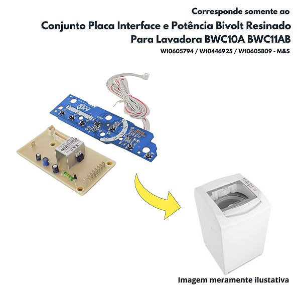 Conjunto Placa Interface e Potência Bivolt Resinado para Lavadora BWC10A BWC11AB Mão de Seda W10605794 W10446925