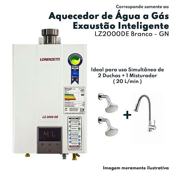 Aquecedor de Água a Gás LZ 2000 DE GN Branco 20 Litros Por Minuto Lorenzetti Gás Natural Exaustão Forçada LZ2000DE