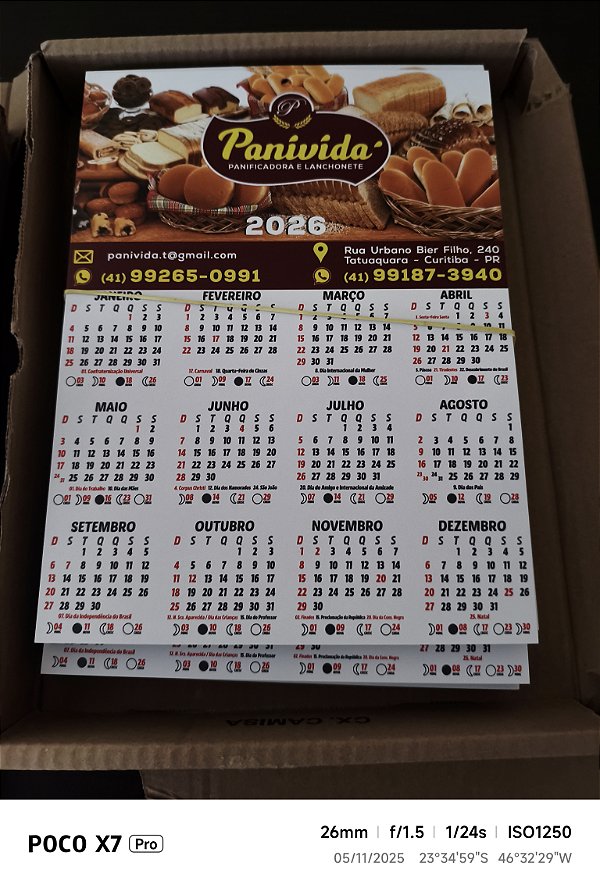 50 Calendário Folhinha de Parede 2026 Personalizado 20X27cm Papel 250g Arte Grátis