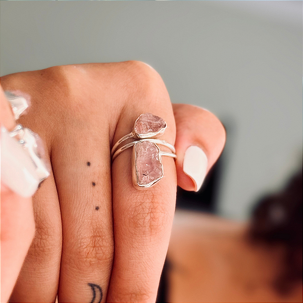 Anel Quartzo Rosa Bruto Duo - Prata 925