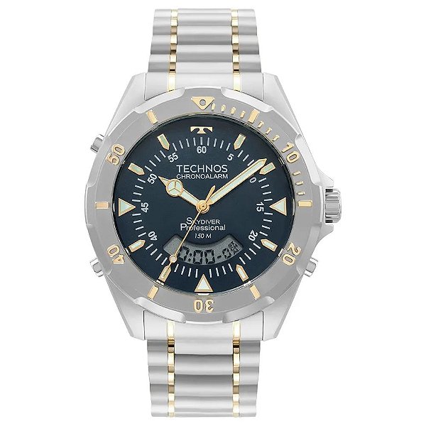 Relógio Technos Masculino Skydiver Anadigi Prata e Dourado Azul