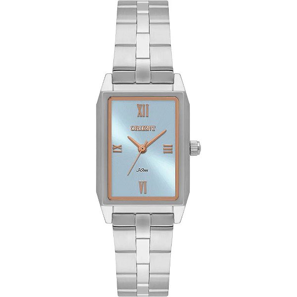 Relógio Feminino Orient Retangular Prata Mostrador Azul LBSS0095 D3SX