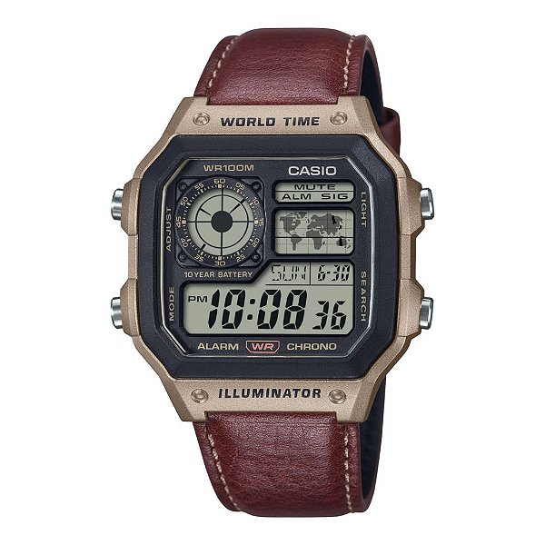 Relógio Masculino Casio Royale AE-1200WHL-5AVDF Digital de Couro Marrom