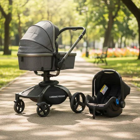 Carrinho Bebe Vulkan Silver + Bebê Conforto Grid Black