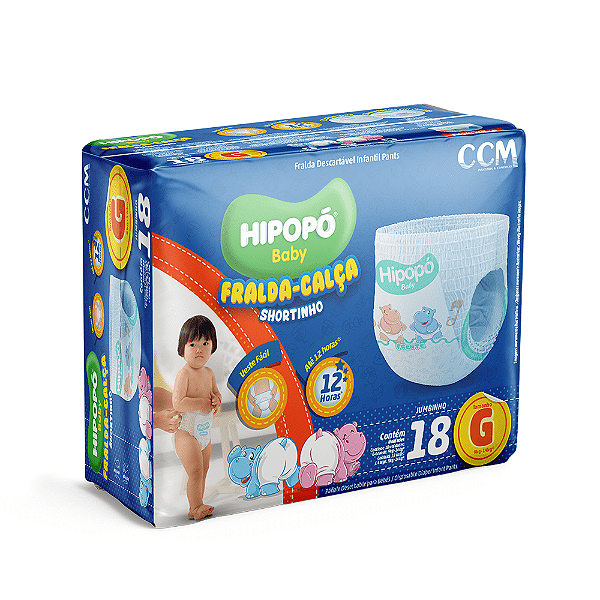 Fralda-Calça Shortinho Hipopó Baby Jumbinho G Com 18 Unidades