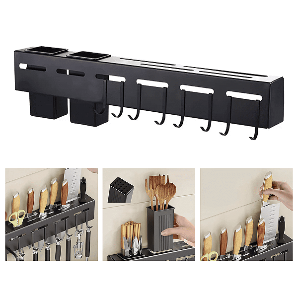 Suporte De Cozinha Porta Talheres Facas 60cm Com 8 Ganchos