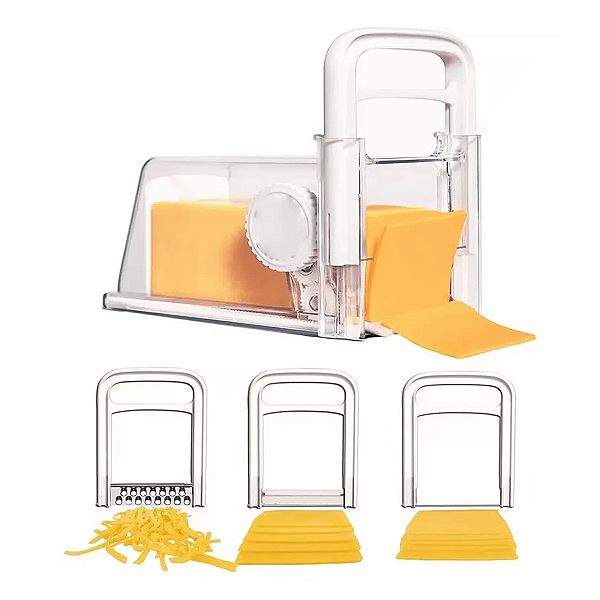 Cortador Fatiador de Queijo Presunto Ralador Manual 4 em 1 Lamina Inox Armazenamento Pote Hermetico Cozinha Geladeira Al