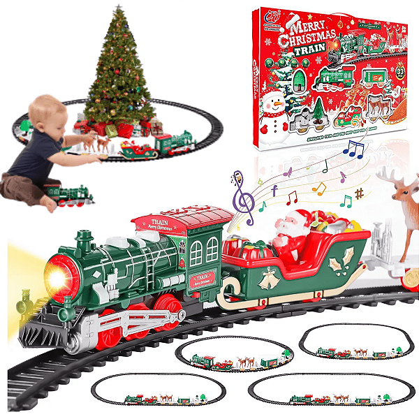 Trem Elétrico Vila Natal Papai Noel 33 PC Árvore Luz Som