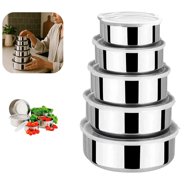 Conjunto 5 Potes Inox Com Tampa Cozinha Despensa Geladeira